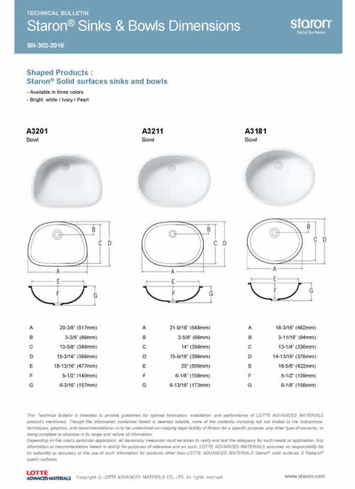 Staron Sinks and Bowls Dimensions