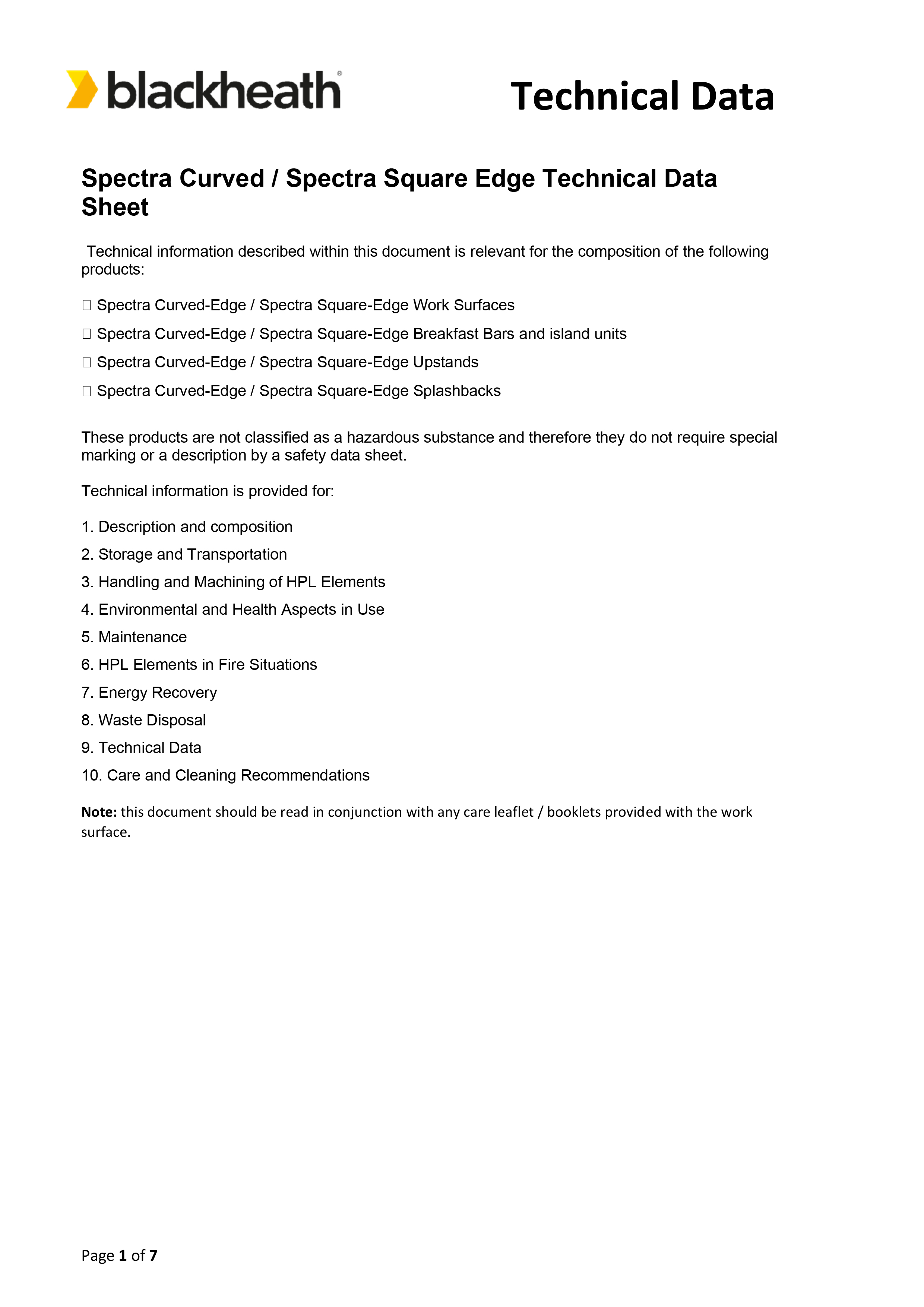 Spectra Curved and Square Technical Data Sheet