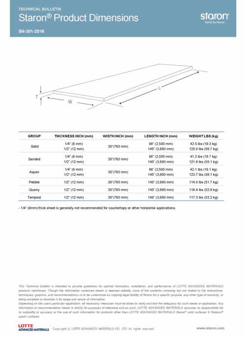 Staron Product Dimensions