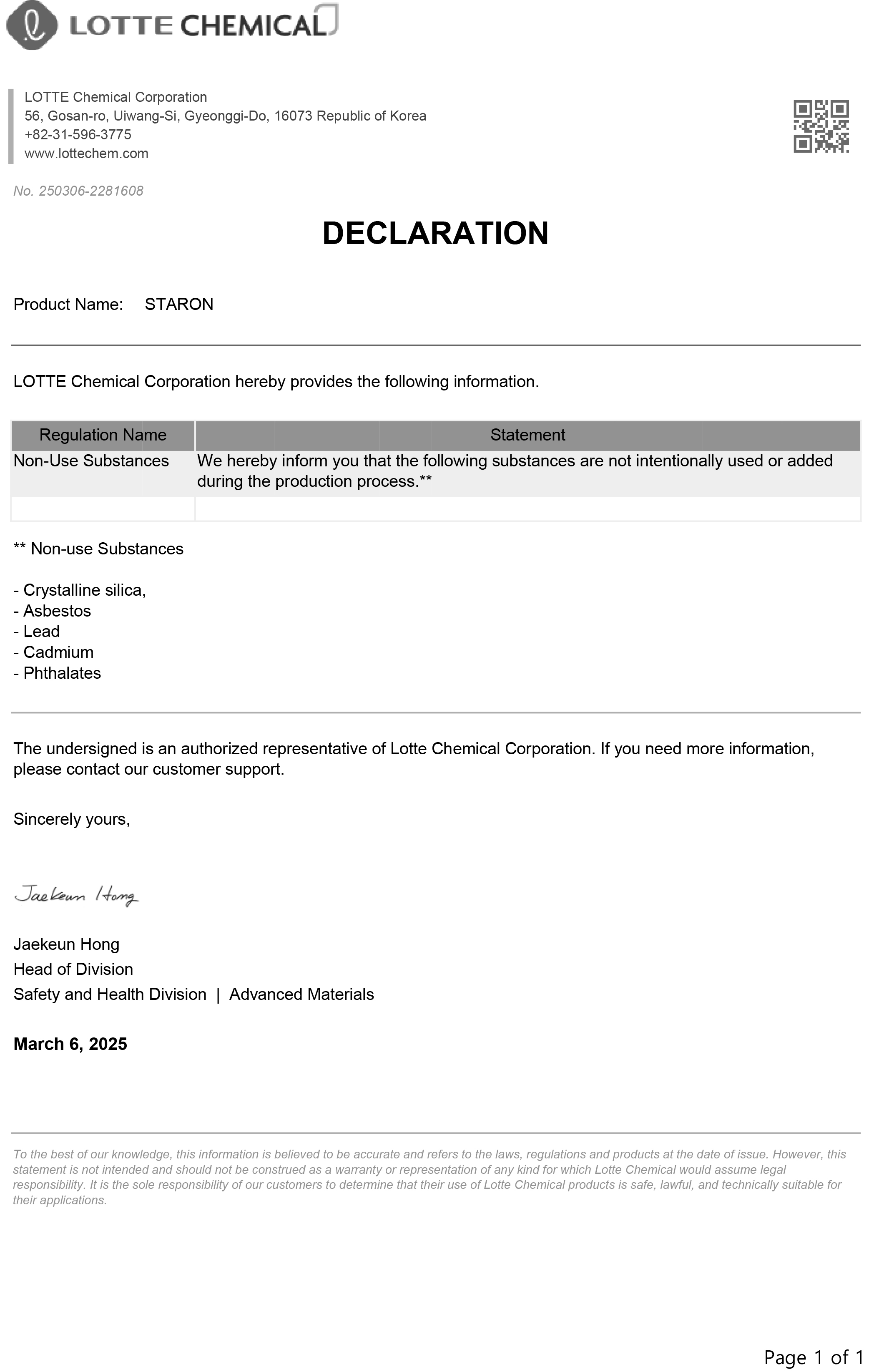 Staron Non-use Substances