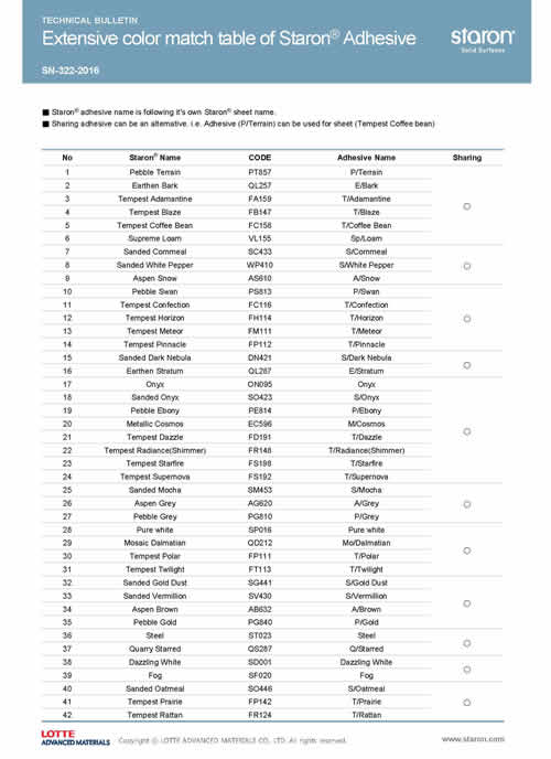 Extensive Color Match Table of Staron Adhesive
